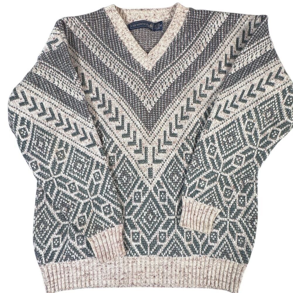 Vintage Crossings Men's Size XL Geometric Wool Blend Knit V-Neck Sweater